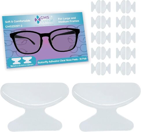 GMS Optical 2.5mm Thick / 18mm Long Length - Adhesive Butterfly Contoured Shape Anti-Slip Silicone Eyeglass Nose Pads, Non-Slip Nose Pads for Glasses, For Sunglass Nose Pads Replacement - 5 Pair Clear in Kuwait