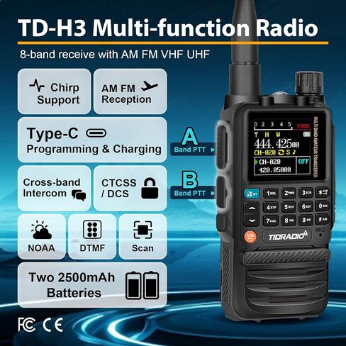 راديو TIDRADIO TD-H3 متعدد الموجات GMRS محمول باليد، راديو طويل المدى في اتجاهين مع برمجة وشحن USB-C، جهاز لاسلكي لاسلكي قابل لإعادة الشحن، مجموعة كاملة من الراديو المحمول مع بطارية كبيرة قابلة لإعادة الشحن، عبوتان in Saudi Arabia