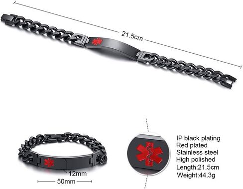 MEALGUET Black Free Engrave Emergency Stainless Steel Curb Cuban Chain ID Bracelet Medical Alert Identification Wristband for Men in Saudi Arabia