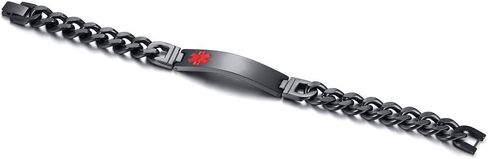 MEALGUET Black Free Engrave Emergency Stainless Steel Curb Cuban Chain ID Bracelet Medical Alert Identification Wristband for Men in Saudi Arabia