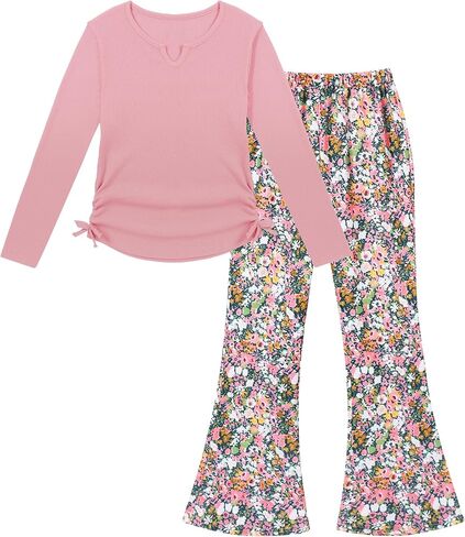 Crazyme Girls Clothes Long Sleeve Pure T-Shirt and Bell Bottom Pants 2 Pieces Fall Winter Clothes for Teen Girls 6-14 in Saudi Arabia