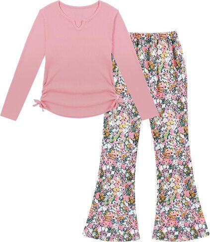 Crazyme Girls Clothes Long Sleeve Pure T-Shirt and Bell Bottom Pants 2 Pieces Fall Winter Clothes for Teen Girls 6-14 in Saudi Arabia