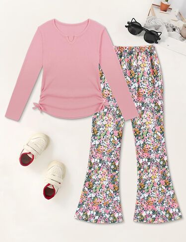 Crazyme Girls Clothes Long Sleeve Pure T-Shirt and Bell Bottom Pants 2 Pieces Fall Winter Clothes for Teen Girls 6-14 in Saudi Arabia