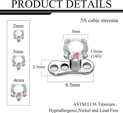 Ruifan ASTM F136 Titanium Dermal Piercing Jewelry 16G Cubic Zirconia Dermal Anchor Top 2mm 3mm 4mm Titanium Base Piercing Jewelry For Women Men in Saudi Arabia