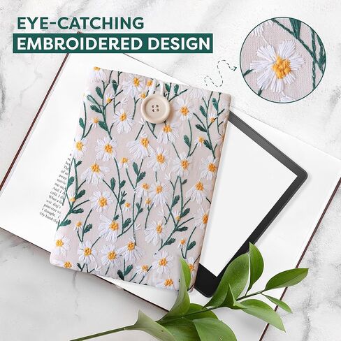غلاف Daisy Kindle Paperwhite المطرز مقاس 6 × 8 - غلاف القارئ الإلكتروني المبطن وغطاء حقيبة Kindle لحماية إضافية (أبيض وأسود) in Kuwait
