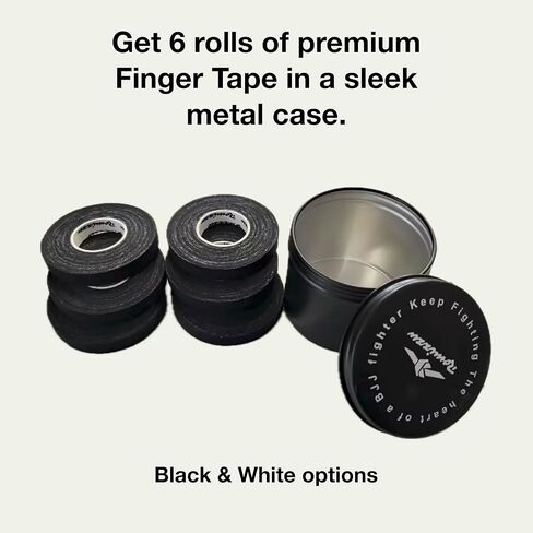 Premium Finger Tape – Includes Metal Storage Case & Gift Packaging – 6 Rolls 8m x 8mm 100% Cotton Strong Adhesive Finger Tape Sweatproof & Non-Slip for BJJ, Climbing, Crossfit & Sports (Black) in Saudi Arabia