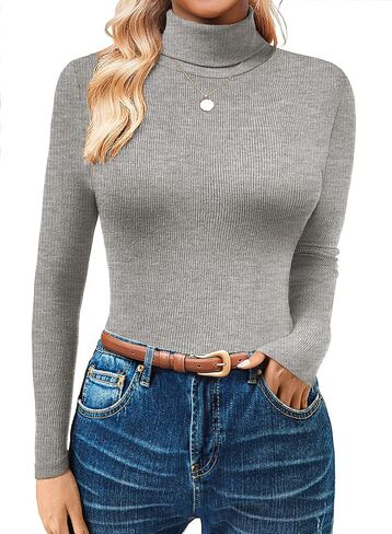 Women's Turtleneck Sweaters Long Sleeve Ribbed Basic Tees Shirts Thermal Underwear Tops Lightweight Fall Outfits in Saudi Arabia