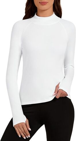 Bonneuitbebe Women's Thermal Shirts Fleece Lined Undershirt Mock Neck Ribbed Basic Tops Workout Base Layer with Thumb Hole in Kuwait