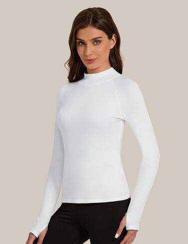 Bonneuitbebe Women's Thermal Shirts Fleece Lined Undershirt Mock Neck Ribbed Basic Tops Workout Base Layer with Thumb Hole in Kuwait