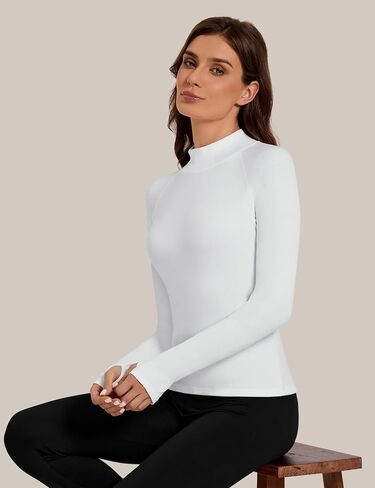 Bonneuitbebe Women's Thermal Shirts Fleece Lined Undershirt Mock Neck Ribbed Basic Tops Workout Base Layer with Thumb Hole in Kuwait