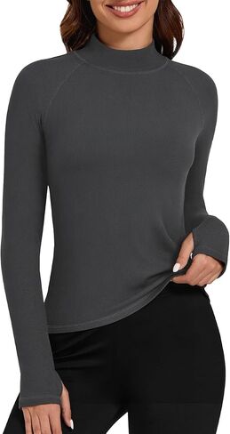 Bonneuitbebe Women's Thermal Shirts Fleece Lined Undershirt Mock Neck Ribbed Basic Tops Workout Base Layer with Thumb Hole in Kuwait