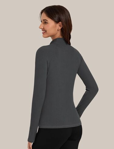 Bonneuitbebe Women's Thermal Shirts Fleece Lined Undershirt Mock Neck Ribbed Basic Tops Workout Base Layer with Thumb Hole in Kuwait
