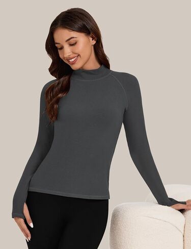 Bonneuitbebe Women's Thermal Shirts Fleece Lined Undershirt Mock Neck Ribbed Basic Tops Workout Base Layer with Thumb Hole in Kuwait