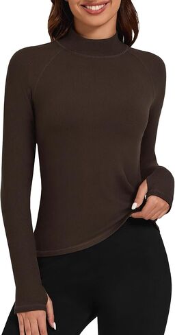 Bonneuitbebe Women's Thermal Shirts Fleece Lined Undershirt Mock Neck Ribbed Basic Tops Workout Base Layer with Thumb Hole in Kuwait