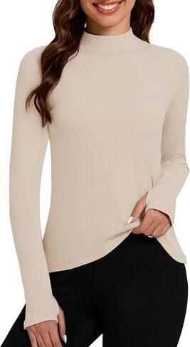 Bonneuitbebe Women's Thermal Shirts Fleece Lined Undershirt Mock Neck Ribbed Basic Tops Workout Base Layer with Thumb Hole in Kuwait