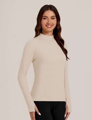 Bonneuitbebe Women's Thermal Shirts Fleece Lined Undershirt Mock Neck Ribbed Basic Tops Workout Base Layer with Thumb Hole in Kuwait