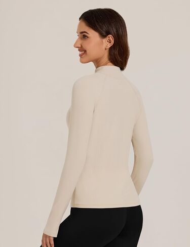 Bonneuitbebe Women's Thermal Shirts Fleece Lined Undershirt Mock Neck Ribbed Basic Tops Workout Base Layer with Thumb Hole in Kuwait