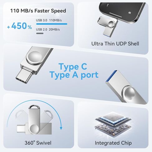 محرك أقراص فلاش USB C بسعة 128 جيجابايت من JUANWE، محرك أقراص فلاش USB 3.0 مزدوج من النوع C + محرك أقراص فلاش USB صغير دوار فريد من نوعه UDP-Tech مقاوم للماء مع فتحة حلقة مفاتيح OTG محرك فلاش للكمبيوتر الشخصي والهواتف الذكية والكمبيوتر اللوحي Mac in Kuwait