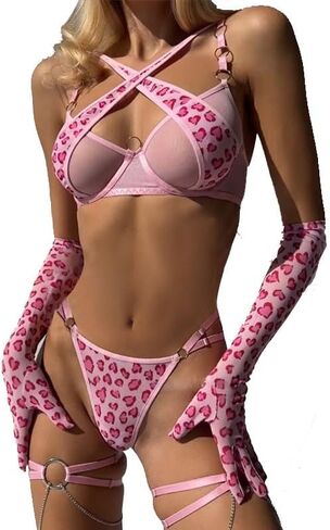 نساء من قطعتين الحب Loop Lingerie Lingeries Leopard Print Cheeky Bikini Sets Sexy Halter Ring Triangle String in Kuwait