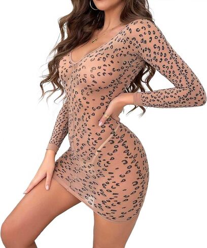 Women's Sexy Leopard Lingerie Bodystocking Dress Tights Sheer Long Sleeve V-Neck Wrap Hip Bodycon Dress in Saudi Arabia