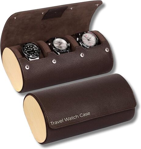 Watch Case Travel - 3 Slot Luxury Watch Cases for Men - Ideal Gift for Him - Caja para Relojes de Hombre. Dark Brown Vegan Leather & Wood - Guadians Nest (Dark Brown) in Saudi Arabia