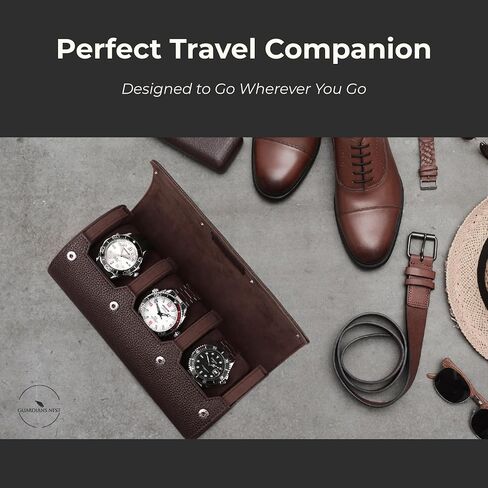 Watch Case Travel - 3 Slot Luxury Watch Cases for Men - Ideal Gift for Him - Caja para Relojes de Hombre. Dark Brown Vegan Leather & Wood - Guadians Nest (Dark Brown) in Saudi Arabia