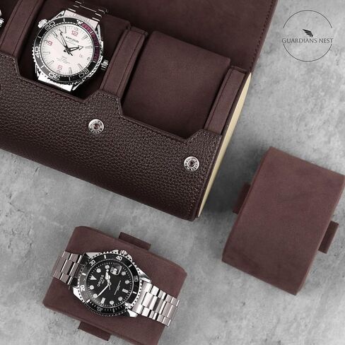 Watch Case Travel - 3 Slot Luxury Watch Cases for Men - Ideal Gift for Him - Caja para Relojes de Hombre. Dark Brown Vegan Leather & Wood - Guadians Nest (Dark Brown) in Saudi Arabia