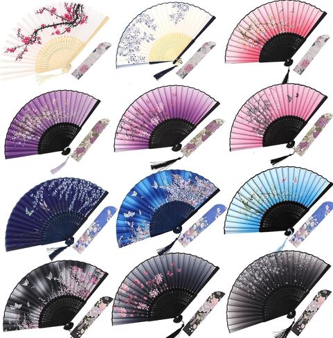 12psc Floral Hand Fans for Women Foldable, Boots On The Ground Fan, Bamboo Fans for Line Dancing Wedding Cooling with Tassel Bag in Kuwait