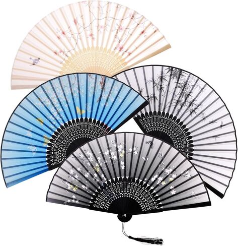 Ykyuasd 4 PCS مراوح الأزهار المحمولة للنساء للنساء الحرير الخيزران القابل للطي يدويًا قابلة للطي على الطراز الياباني النمط الرجعية للرقص للرقص زخرفة جدار الحفلات (الأرجواني+الوردي+الأخضر+الأصفر) in Saudi Arabia