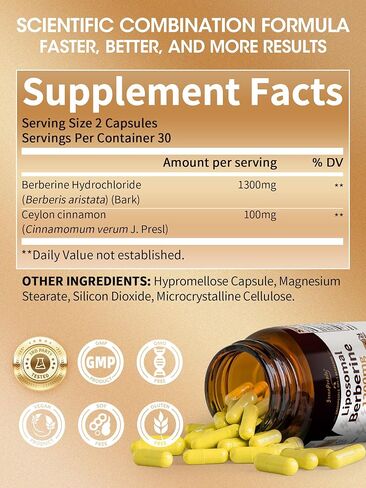 Liposomal Berberine HCL1300mg - Berberine Supplement with Ceylon Cinnamon Activates GLP-1 & AMPK - High Absorption Formula Healthy Weight Support – Non-GMO/Vegan – 30-Day in Kuwait