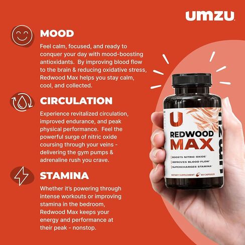 UMZU Redwood Max Nitric Oxide Booster, Blood Flow & Circulation Support for Men & Women, Energy, Stamina & Recovery – Heart & Varicose Vein Supplement – 2 Capsules Daily – 60 Count in Kuwait