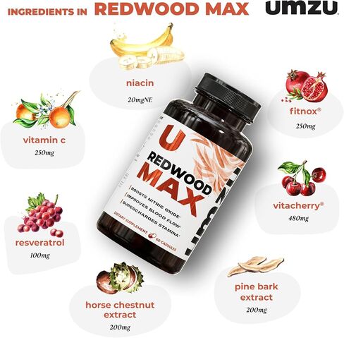 UMZU Redwood Max Nitric Oxide Booster, Blood Flow & Circulation Support for Men & Women, Energy, Stamina & Recovery – Heart & Varicose Vein Supplement – 2 Capsules Daily – 60 Count in Kuwait