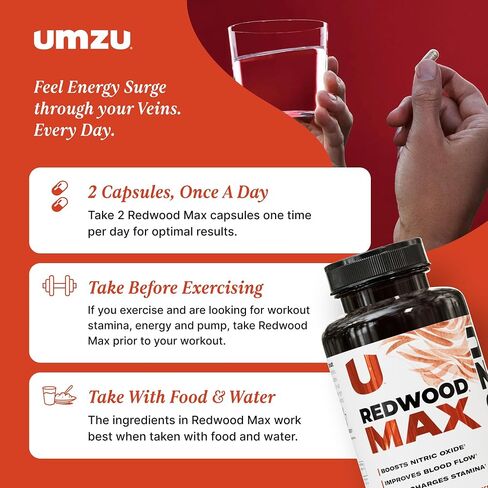 UMZU Redwood Max Nitric Oxide Booster, Blood Flow & Circulation Support for Men & Women, Energy, Stamina & Recovery – Heart & Varicose Vein Supplement – 2 Capsules Daily – 60 Count in Kuwait