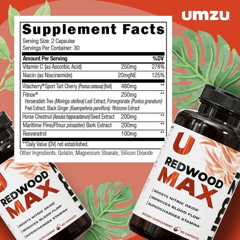 UMZU Redwood Max Nitric Oxide Booster, Blood Flow & Circulation Support for Men & Women, Energy, Stamina & Recovery – Heart & Varicose Vein Supplement – 2 Capsules Daily – 60 Count in Kuwait