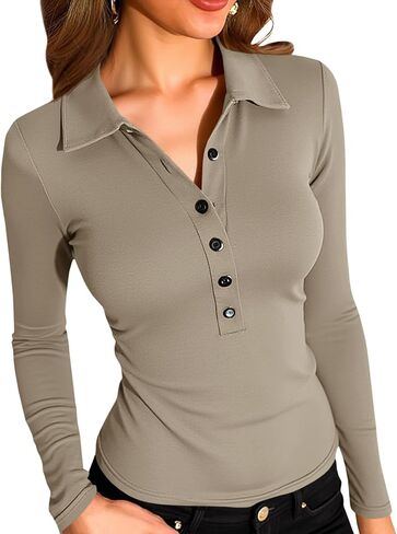 Tankaneo Womens Deep V الرقبة طويلة الأكمام الطويلة الزر أسفل القمصان ذات القمصان البوليو المجهزة in Kuwait