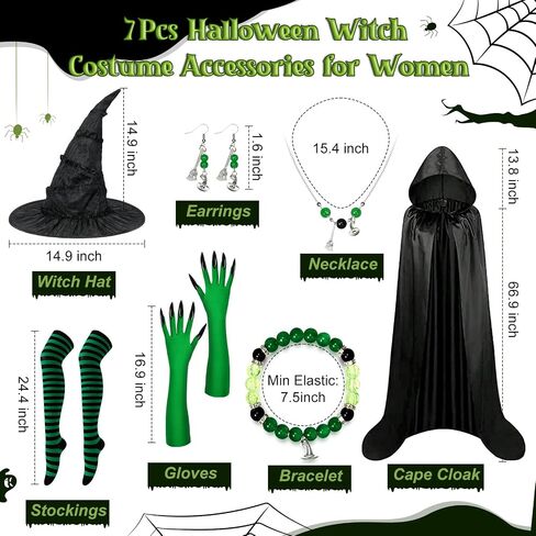 Witch Costume Women Accessories, Witch Halloween Cosplay with Long Hooded Cloak Cape, Witches Hat, Green Claw Gloves in Saudi Arabia