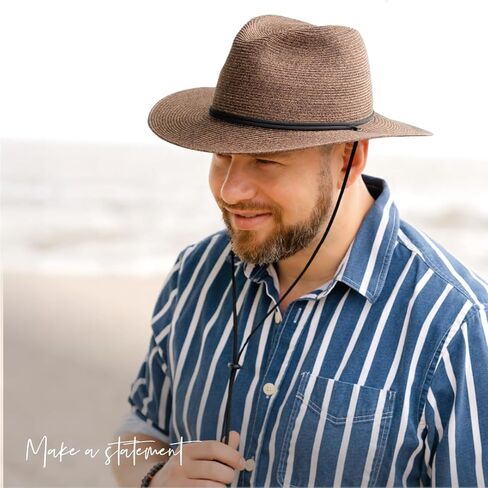 Odyssey Poly Braid Straw Fedora Hat for Men Women Summer Beach Derby Hat Center Dent, Cord & Chinstrap, UPF 80 in Kuwait