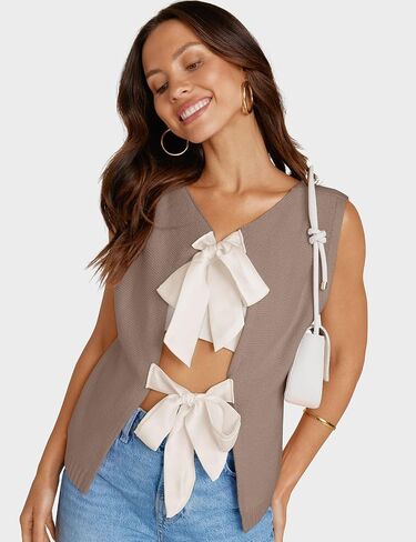 UEU Womens Sweater Vest Bow Tie Back Knitted Tank Tops Casual Crop Vest Tops 2025 Y2K Fashion Clothes in Kuwait