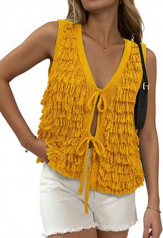Messic Women Sweater Vest 2025 Summer Tie Front Tops Beach Knit Tank Tops in Kuwait