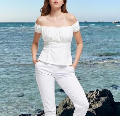 White Women Rockabilly Pinup Peasant Top Off Shoulder Sexy Shirt in Saudi Arabia