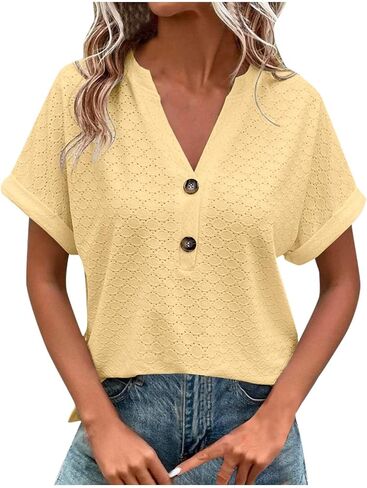 Summer Tops for Women Trendy 2025 Short Sleeve v Neck Eyelet Shirts Dressy Casual Loose Ladies Blouses Going Out in Kuwait