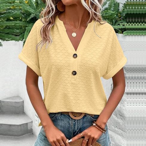 Summer Tops for Women Trendy 2025 Short Sleeve v Neck Eyelet Shirts Dressy Casual Loose Ladies Blouses Going Out in Kuwait