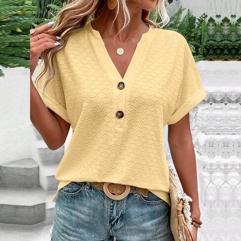 Summer Tops for Women Trendy 2025 Short Sleeve v Neck Eyelet Shirts Dressy Casual Loose Ladies Blouses Going Out in Kuwait