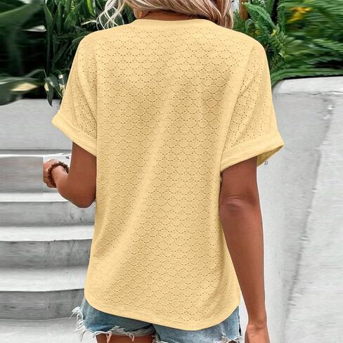 Summer Tops for Women Trendy 2025 Short Sleeve v Neck Eyelet Shirts Dressy Casual Loose Ladies Blouses Going Out in Kuwait