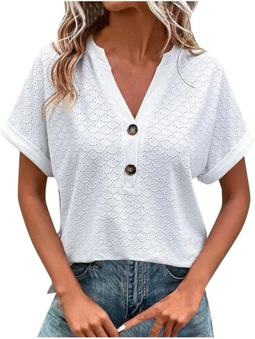 Summer Tops for Women Trendy 2025 Short Sleeve v Neck Eyelet Shirts Dressy Casual Loose Ladies Blouses Going Out in Kuwait