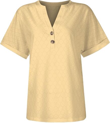 Summer Tops for Women Trendy 2025 Short Sleeve v Neck Eyelet Shirts Dressy Casual Loose Ladies Blouses Going Out in Kuwait