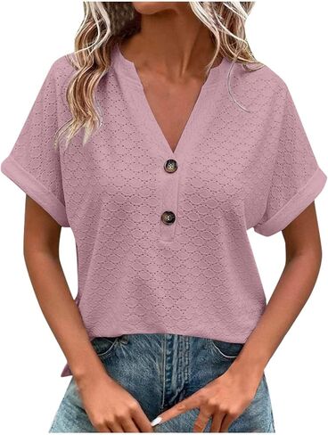 Summer Tops for Women Trendy 2025 Short Sleeve v Neck Eyelet Shirts Dressy Casual Loose Ladies Blouses Going Out in Kuwait