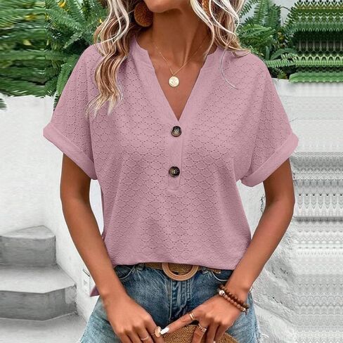 Summer Tops for Women Trendy 2025 Short Sleeve v Neck Eyelet Shirts Dressy Casual Loose Ladies Blouses Going Out in Kuwait