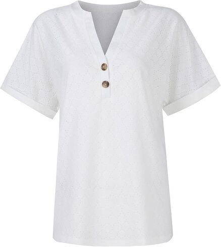 Summer Tops for Women Trendy 2025 Short Sleeve v Neck Eyelet Shirts Dressy Casual Loose Ladies Blouses Going Out in Kuwait