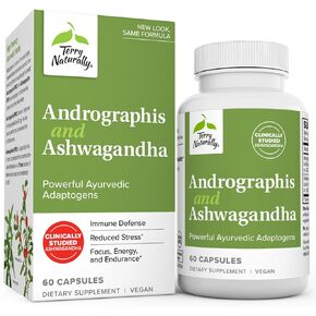 Terry Naturally Andrographis and Ashwagandha - 60 Capsules - Powerful Ayurvedic Adaptogens - Non-GMO, Vegan, Gluten Free - 60 Servings